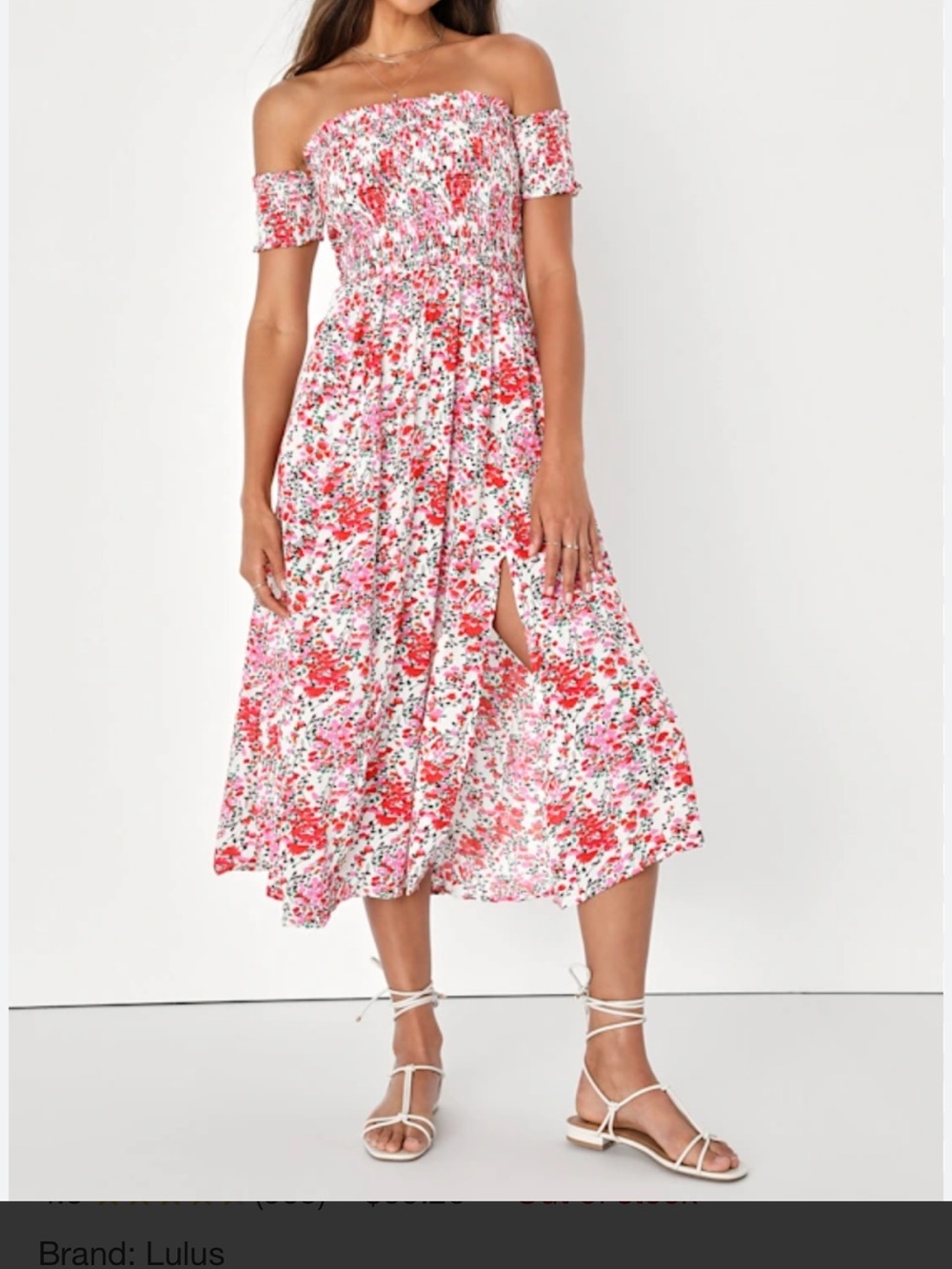 Lulu's Off-Shoulder Floral Midi Dress in Pink and Red